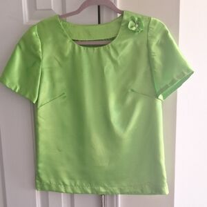 Lime Green Satin Blouse with Floral Accent